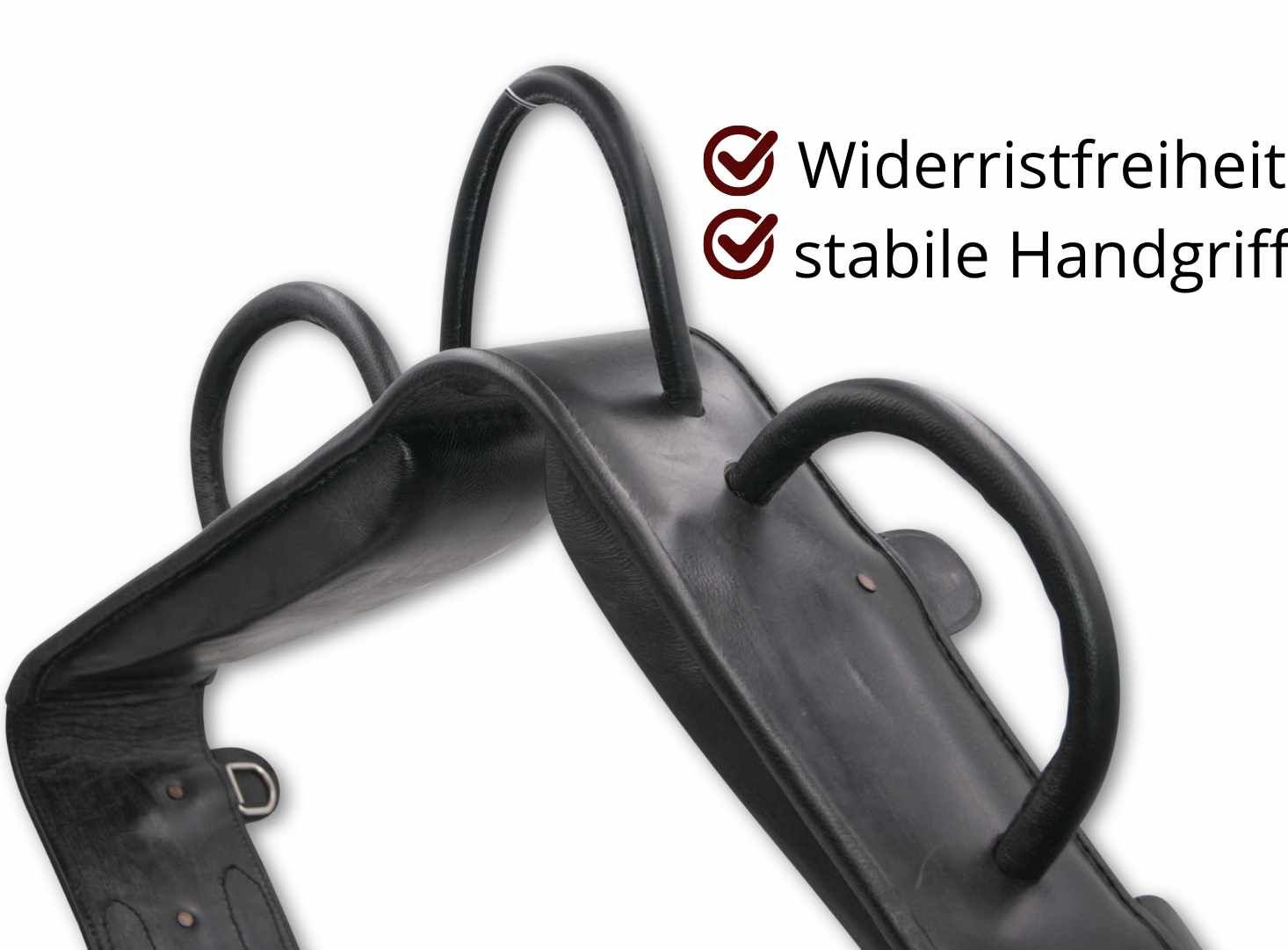 Schwarzer Voltigiergurt mit drei Griffen. Text: Widerristfreiheit, stabile Handgriffe.