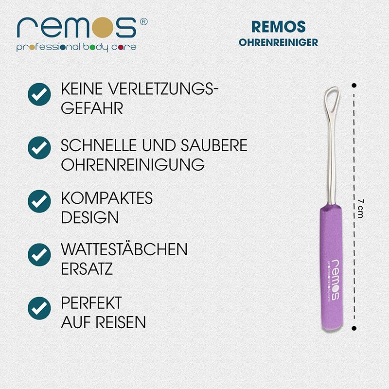 Infografik mit Ohrreiniger und Text. Text: Keine Verletzungsgefahr, schnelle und saubere Ohrenreinigung, kompaktes Design, Wattestäbchen Ersatz.