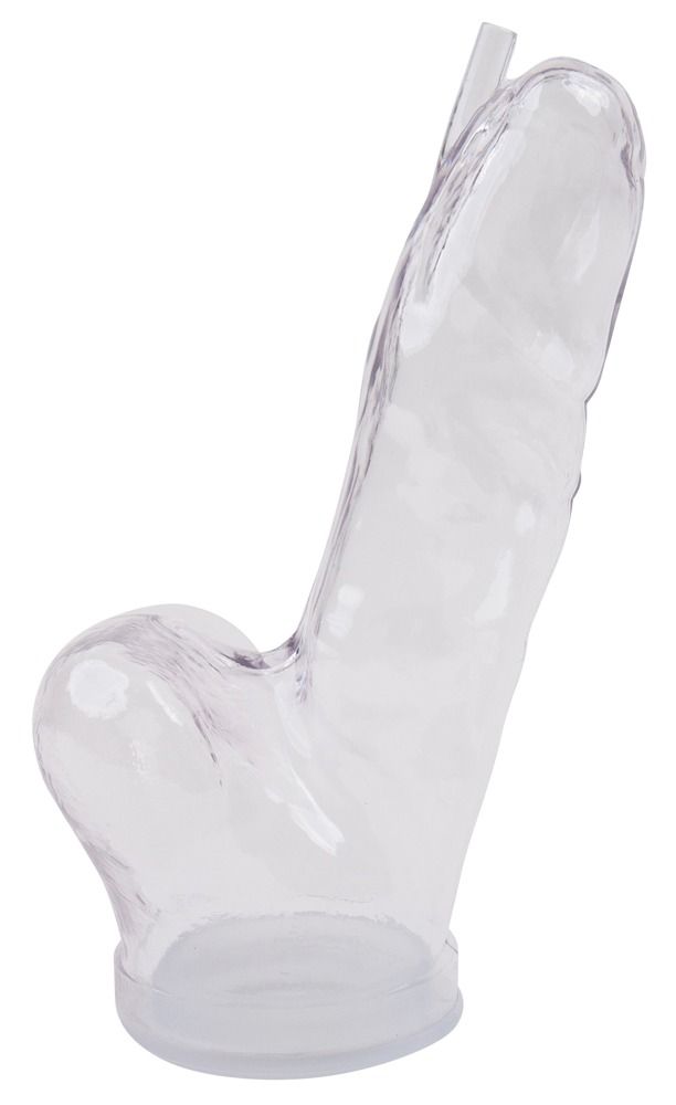 Glasklarer Zylinder mit Griff und Schlauchanschluss. Basis mit geriffeltem Rand. Wellness-Produkt.