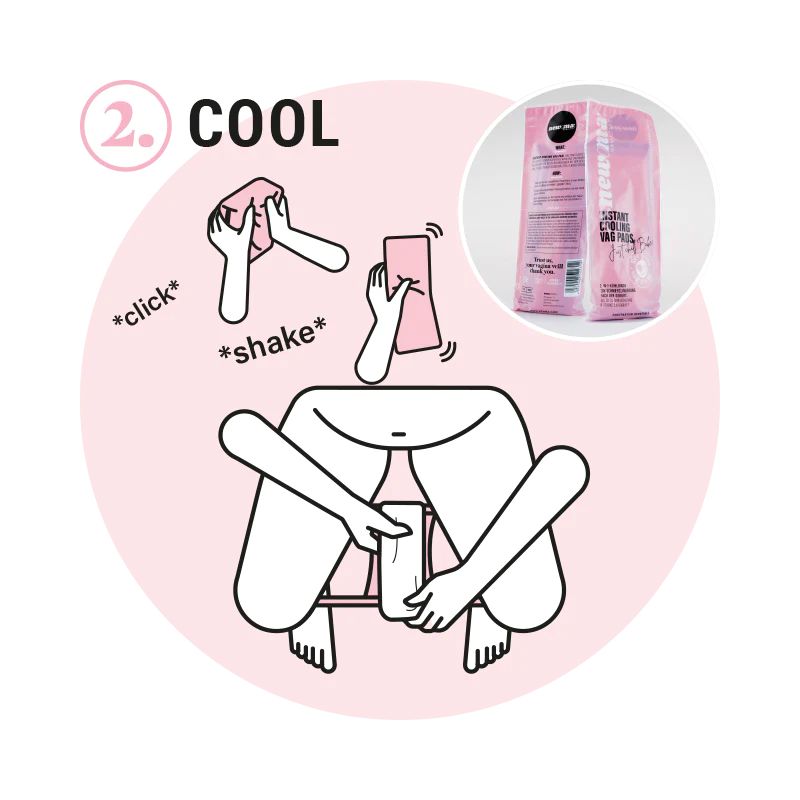 Illustration: Anwendung einer Kühlbinde. Schritte: klicken, schütteln, anwenden. Rosa Hintergrund.