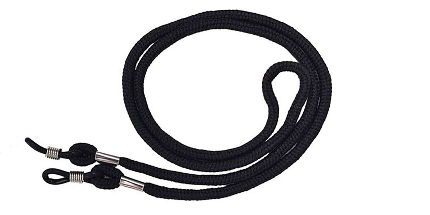 Schwarzes Brillenband. Rundes, geflochtenes Band mit Metallenden und Schlaufen zur Befestigung an Brillenbügeln.