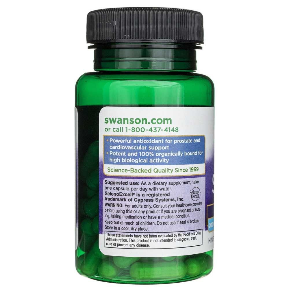 Rückseite einer grünen Kapsel mit Etikett, das Swanson.com und Produktinformationen enthält.