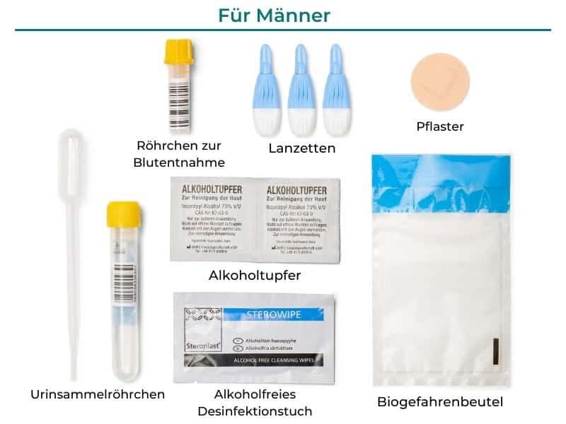 Kit für Männer. Enthält: Röhrchen, Lanzetten, Alkoholtupfer, Pflaster, Urin-Sammelröhrchen, Alkoholfreies Desinfektionstuch, Biogefahrenbeutel.