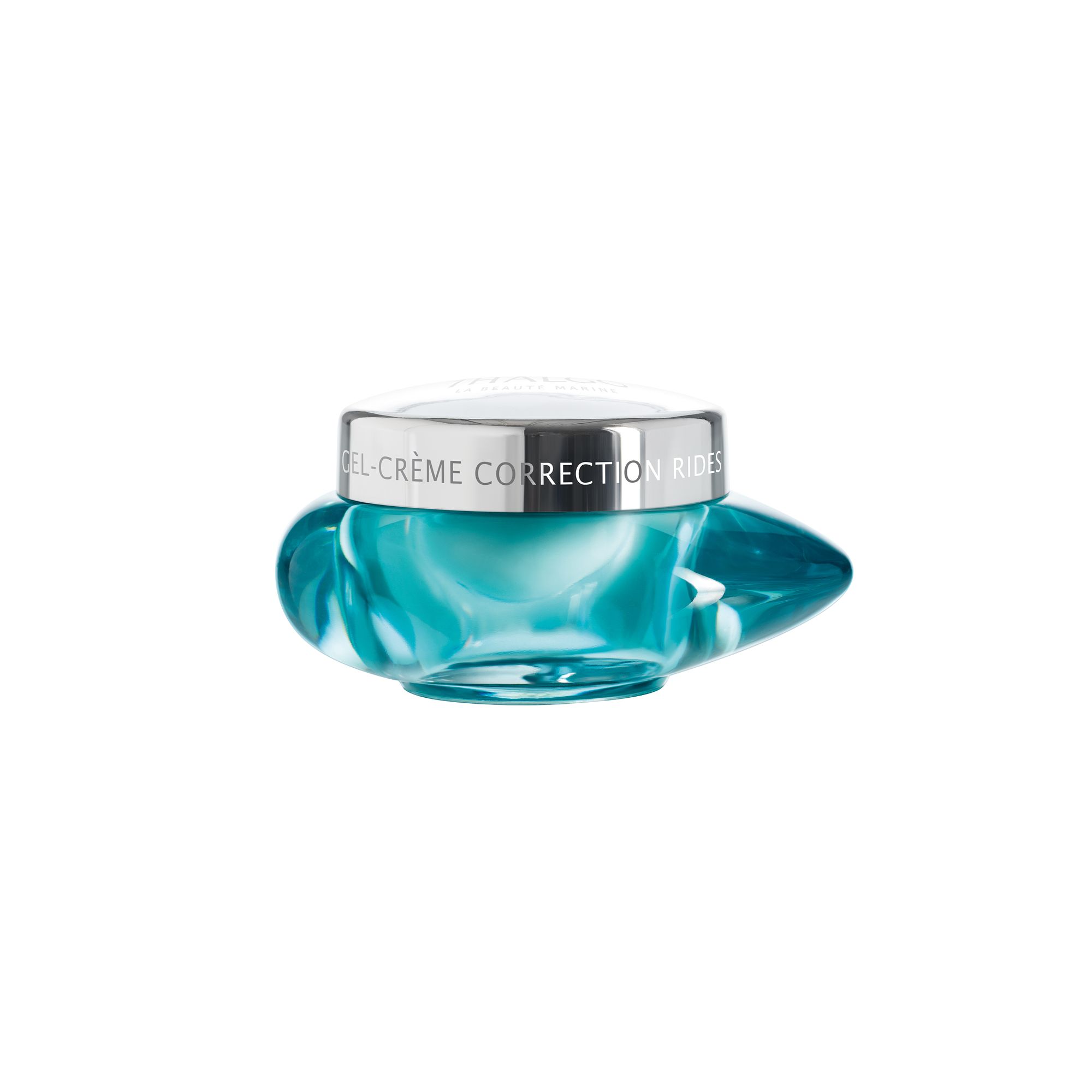 Faltenkorrigierende Gel-Creme in einem aquafarbenen Glasbehälter mit silbernem Deckel.