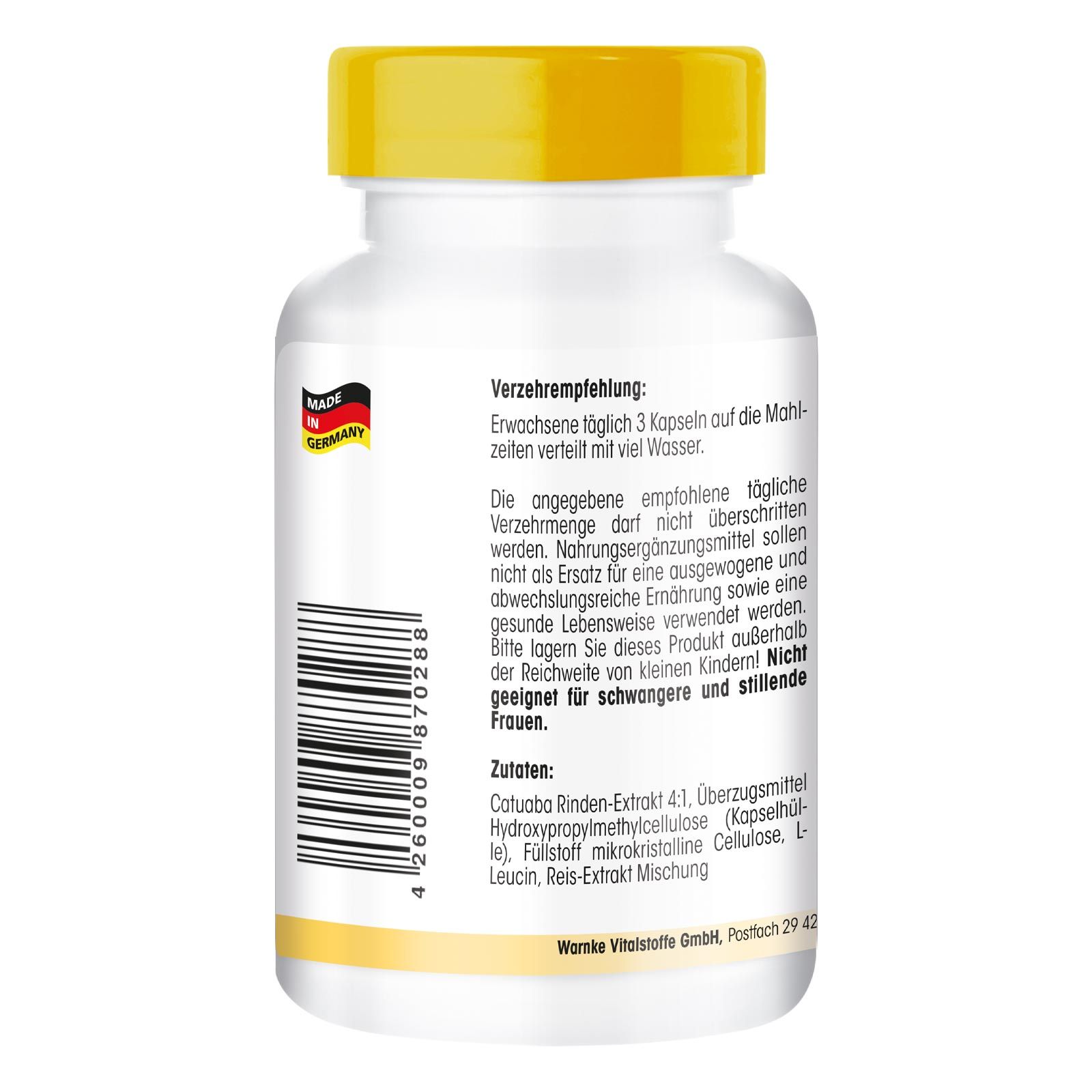 Rückseite der weißen Flasche mit gelbem Deckel. Text: Verzehrempfehlung, Zutaten. Made in Germany-Logo.
