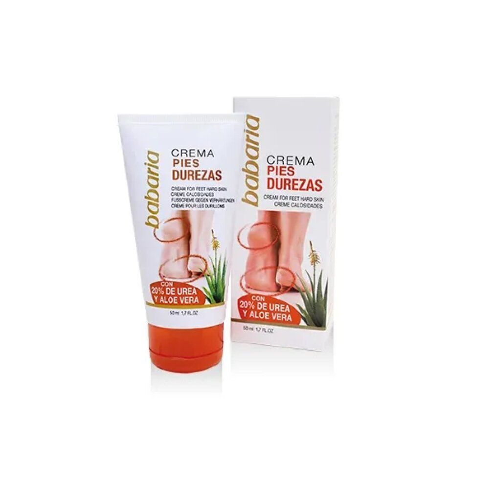Creme für Füße mit harter Haut. Tube und Schachtel mit Produktnamen und Illustrationen von Füßen. Enthält 20% Urea und Aloe Vera.