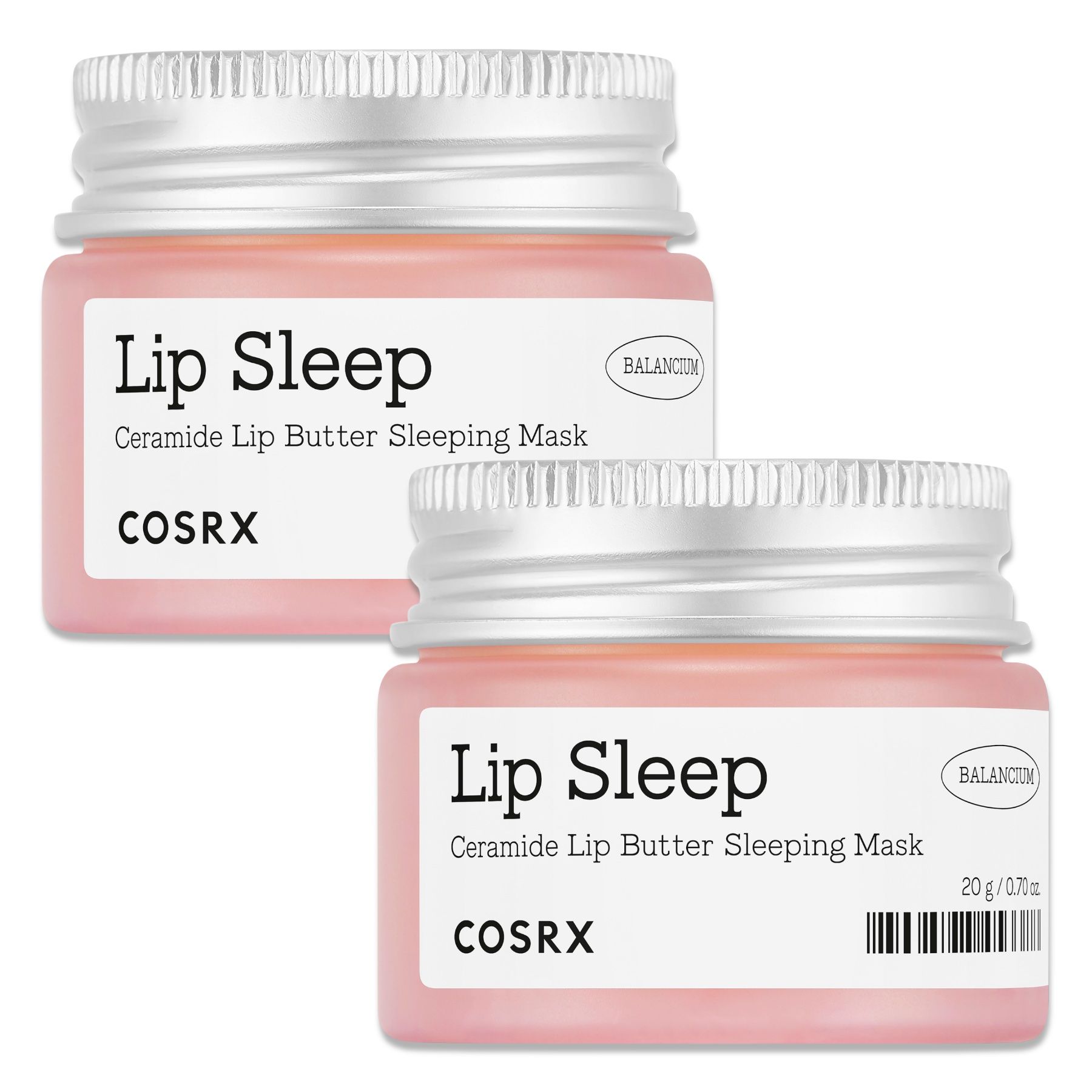 Zwei Tiegel Lip Sleep Ceramide Lip Butter Sleeping Mask. Rosa Tiegel mit silbernem Deckel. Aufschrift Lip Sleep und COSRX.