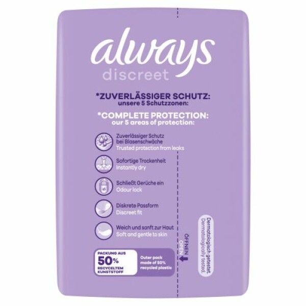 Verpackung Always Discreet Inkontinenzeinlagen. Lila Design. Text: "ZUV. SCHUTZ". 5 Schutzzonen. Illustrationen. Verpackung aus 50% recyceltem Kunststoff.