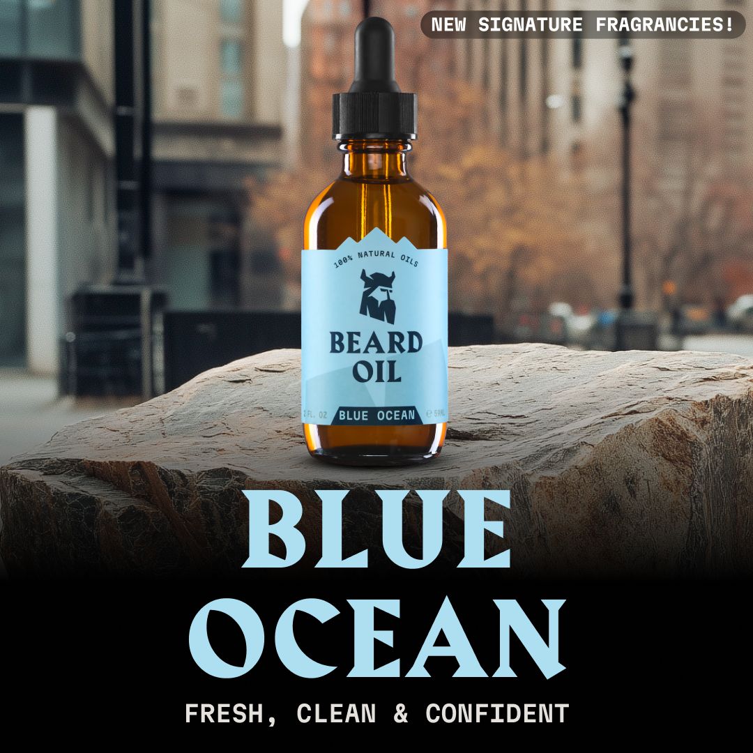 Bernsteinfarbene Glasflasche mit Pipette, Etikett mit Bartöl-Logo und blauem "Blue Ocean"-Schriftzug, auf Stein.