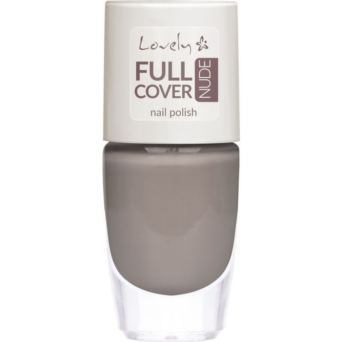Nagellackflasche mit hellbraunem Inhalt. Aufschrift: Lovely, Full Cover Nude, nail polish.