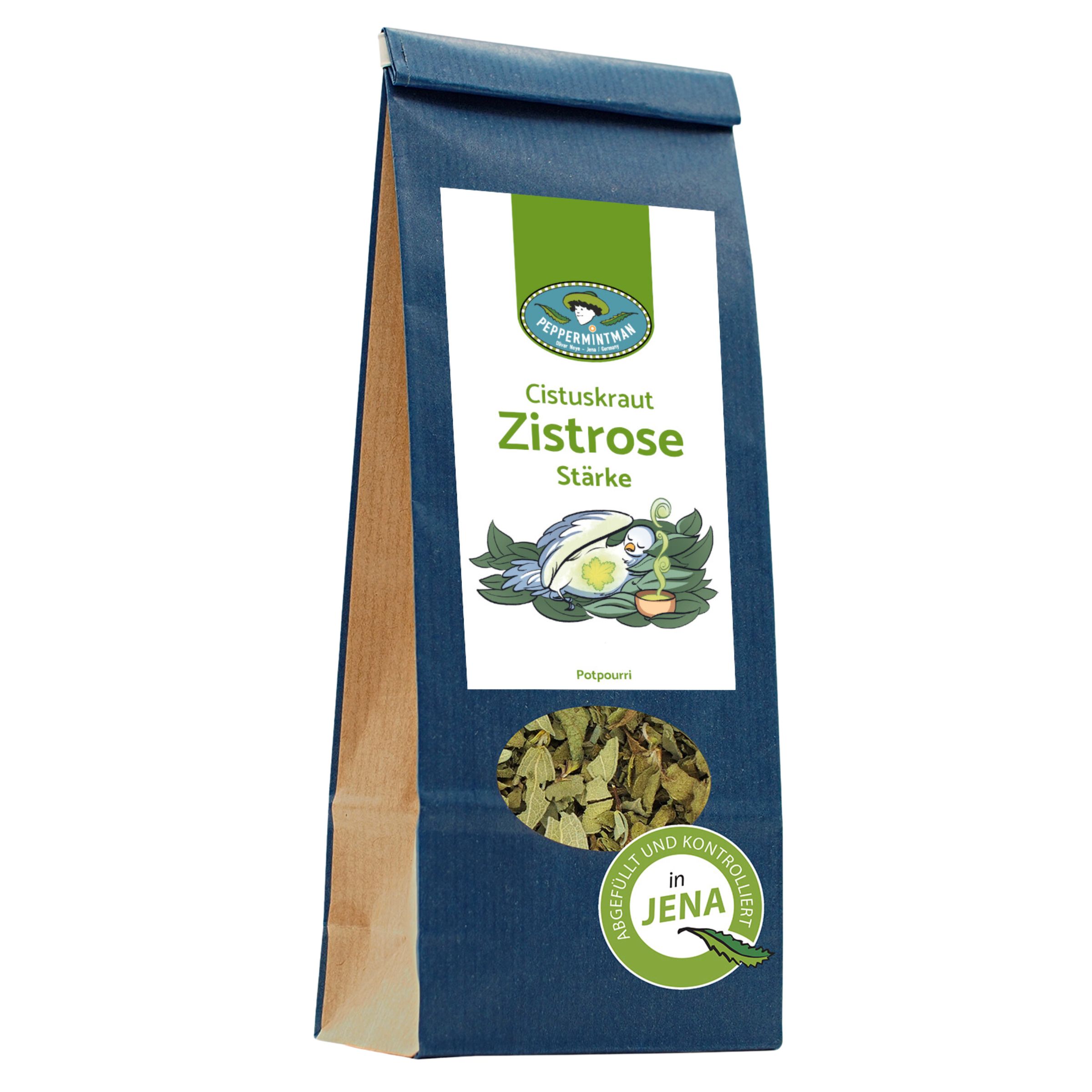 Beutel mit Zistrose-Kraut. Blau-braune Verpackung mit Logo und Text. Sichtfenster zeigt getrocknete Blätter. "Abgefüllt in Jena".