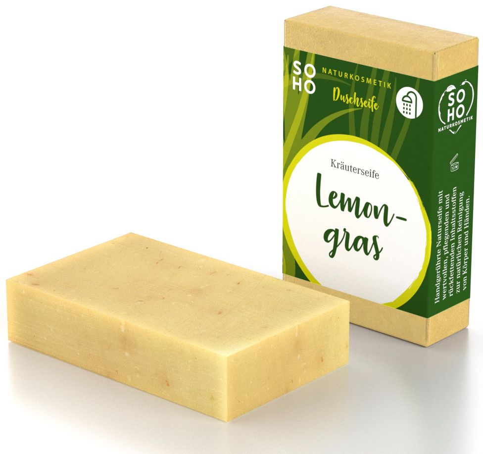 Rechteckige Kräuterseife Lemongras und Verpackung. Verpackung mit Logo und Produktbezeichnung. Seife hellgelb.