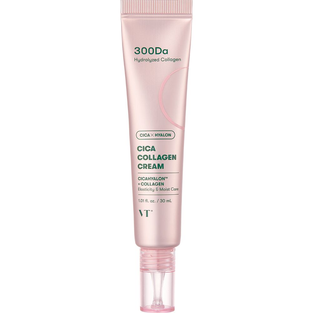 Rosa Tube. 300Da, Cica Kollagen Creme. CicaHyalon, Kollagen, Elastizität & Feuchtigkeit. VT-Logo.