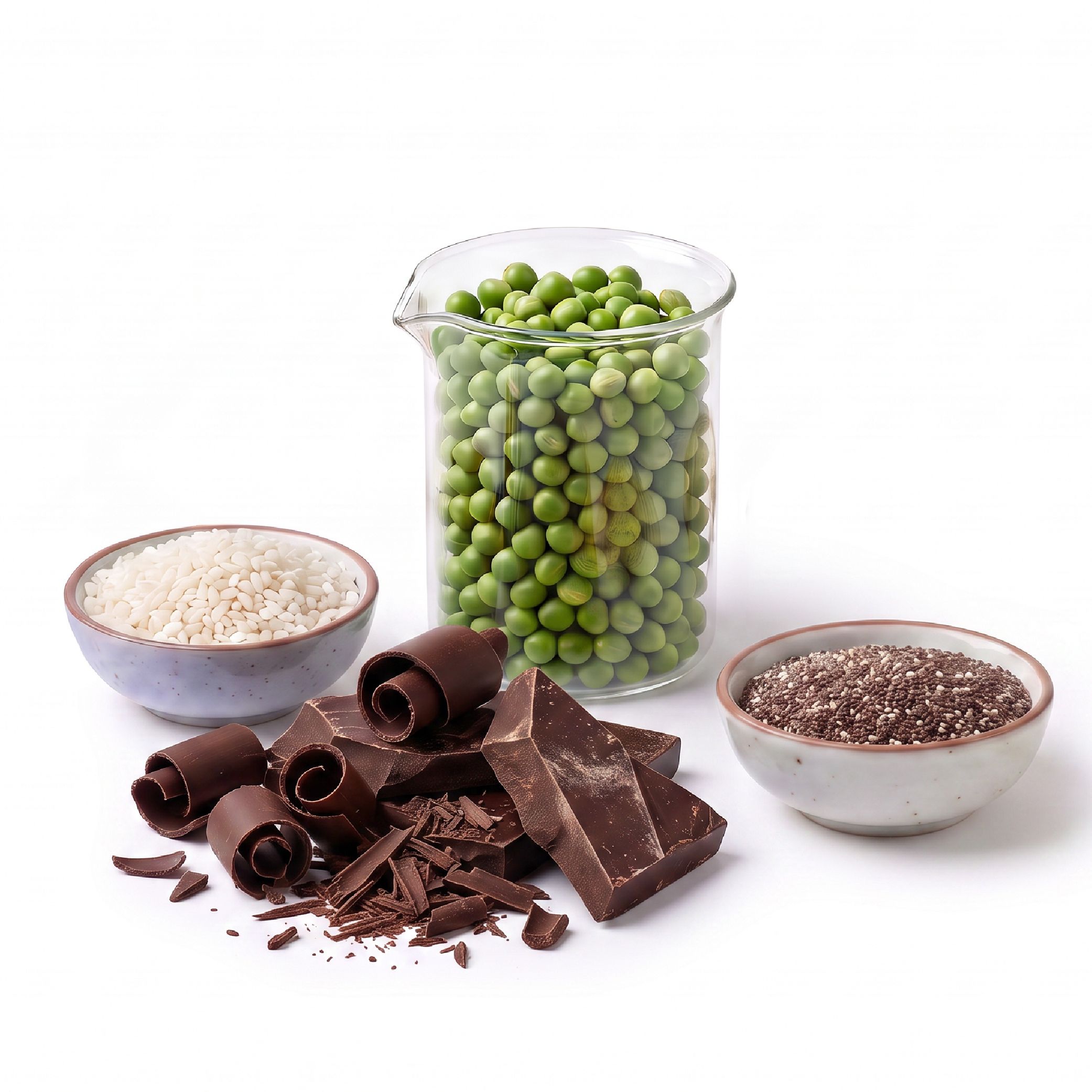 Zutaten für Proteinshake: Erbsen, Reis, Schokolade, Chiasamen in Schalen und Becher.