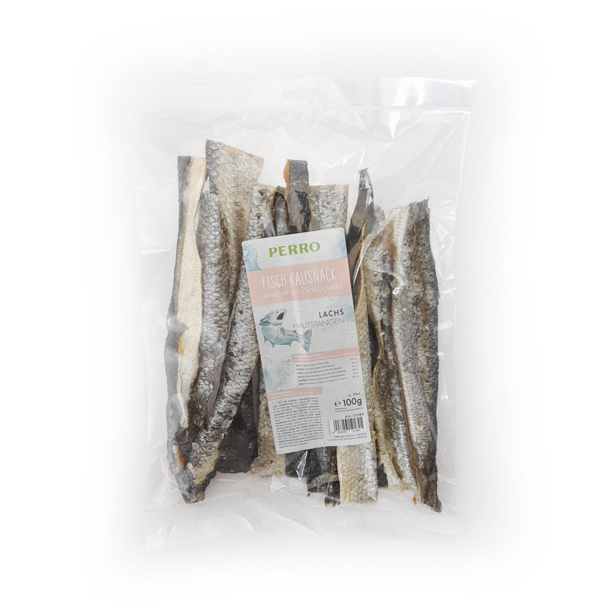 Verpackung mit Fisch-Kausnack. Sichtbar sind getrocknete Fischhaut-Stangen. Das Etikett zeigt den Markennamen PERRO und Produktbezeichnung.