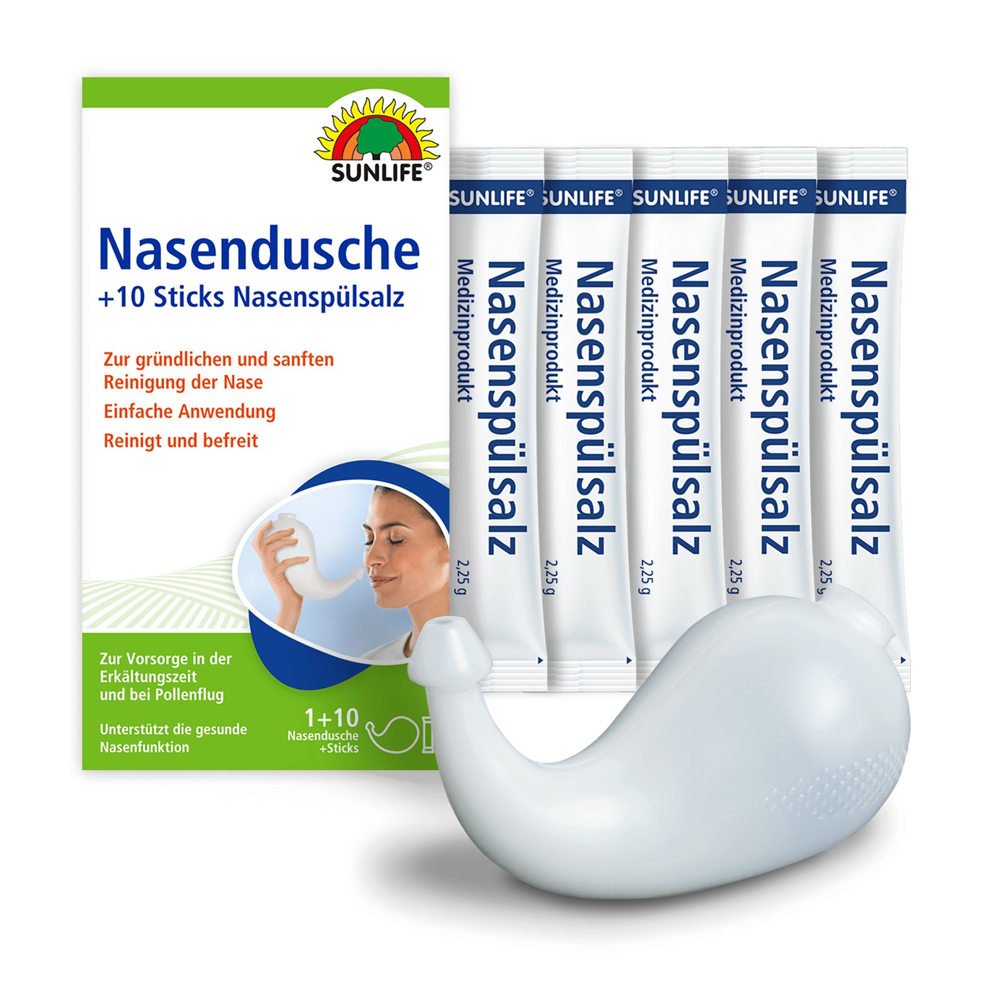 Produkt-Set von Sunlife Nasendusche + 10 Sticks Nasenspülsalz. Enthält Nasendusche, Sticks und Verpackung.