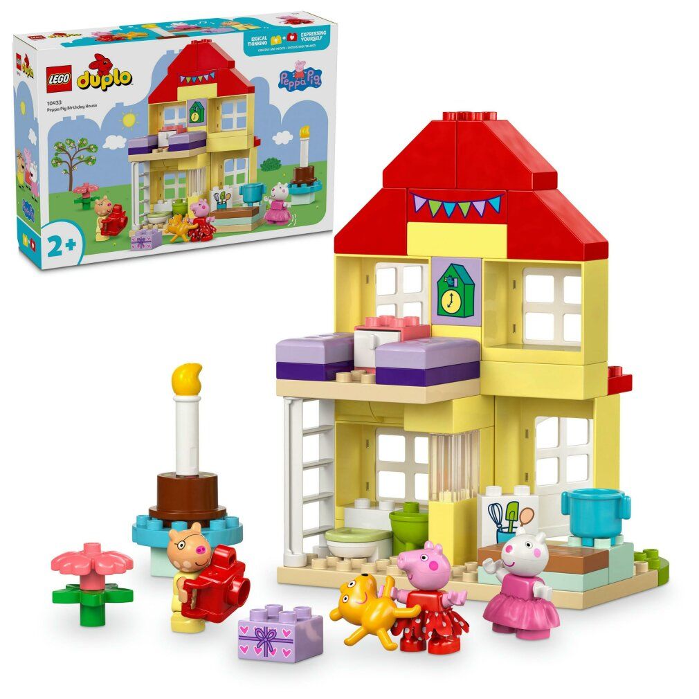 LEGO Duplo Peppa Pig Geburtstagshaus. Gelbes Haus mit rotem Dach, Figuren, Zubehör. Verpackung mit Logo und Altersempfehlung.