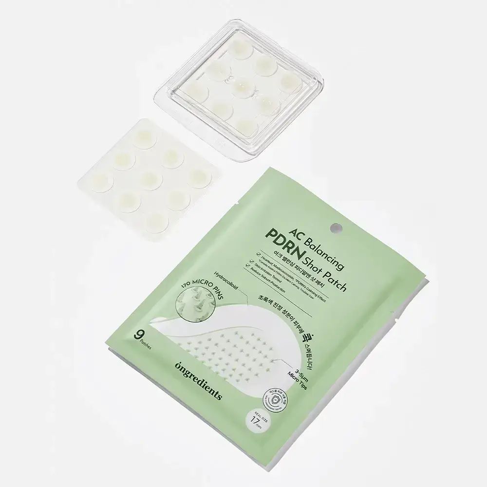 AC Balancing PDRN Shot Patch mit 9 Mikro-Nadel-Patches in einer Packung und einem transparenten Behälter.