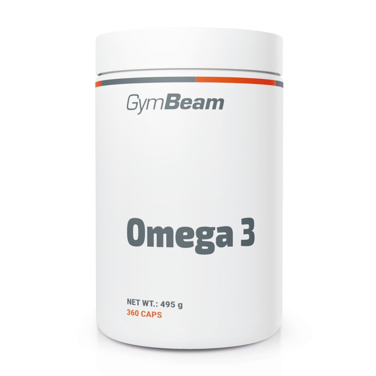 GymBeam Omega 3 Fischöl Kapseln in weißem Behälter mit orangefarbenen Akzenten. Enthält 360 Kapseln.
