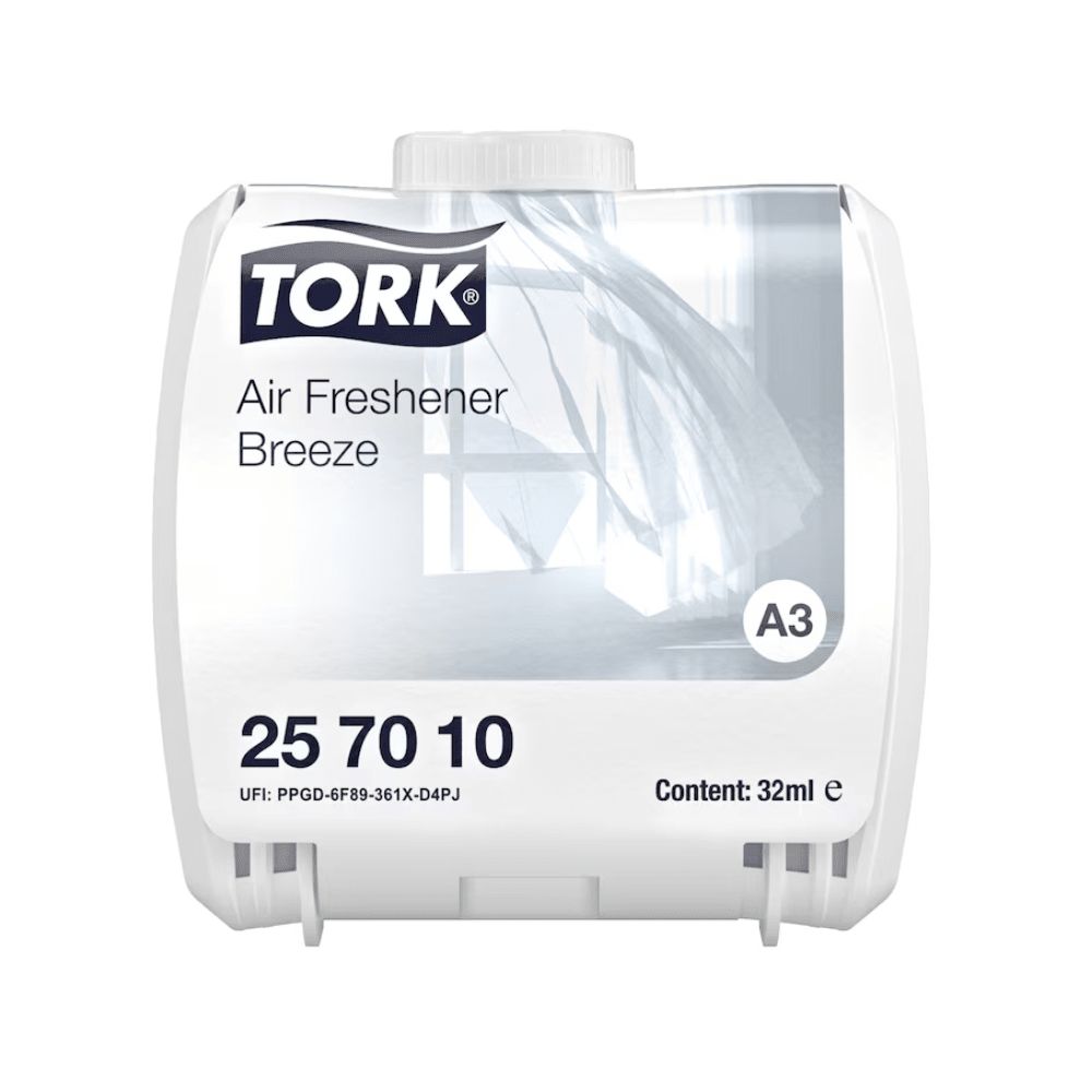 Weißer Tork Lufterfrischer. Aufschrift: TORK, Air Freshener Breeze, 25 70 10, A3. Inhalt: 32ml.