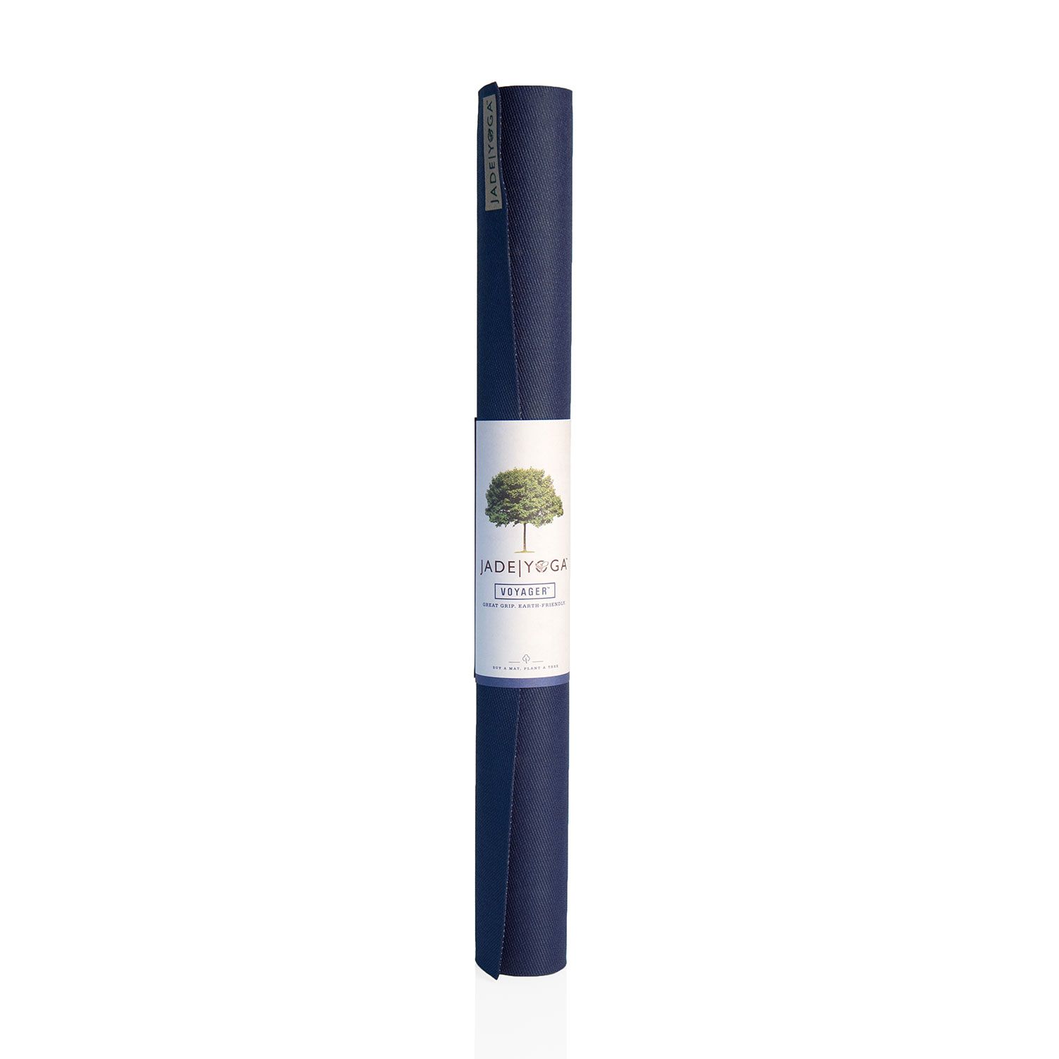 Gerollte Yogamatte, dunkelblau. Mit Papierbanderole und Logo "JADE YOGA".