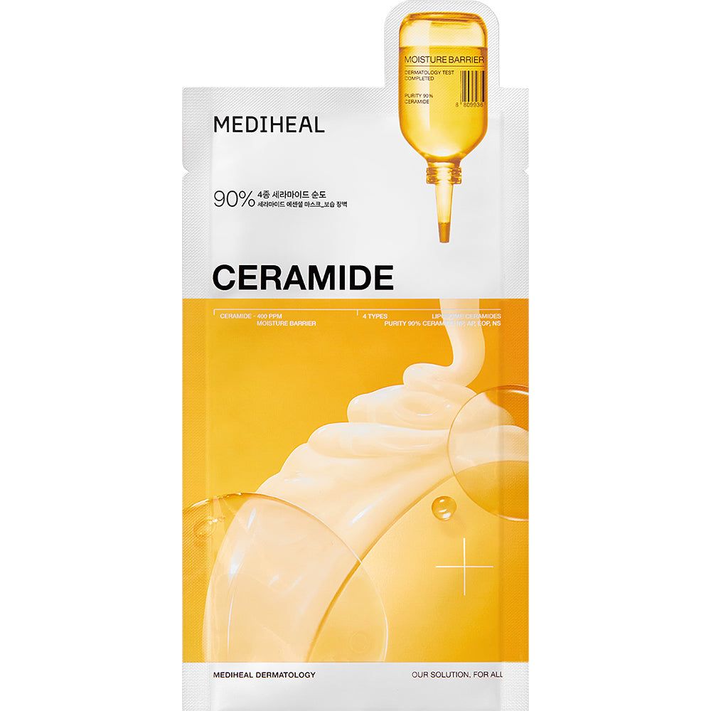 Verpackung mit gelbem Hintergrund und Text. MEDIHEAL, CERAMIDE und 90%. Eine Ampulle ist abgebildet.