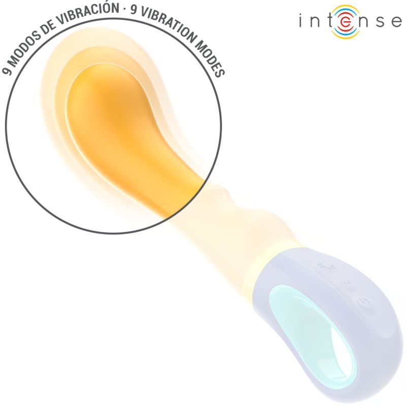 Gelb-blauer Vibrator mit 9 Vibrationsmodi. Ergonomischer Griff. Marke Intense.