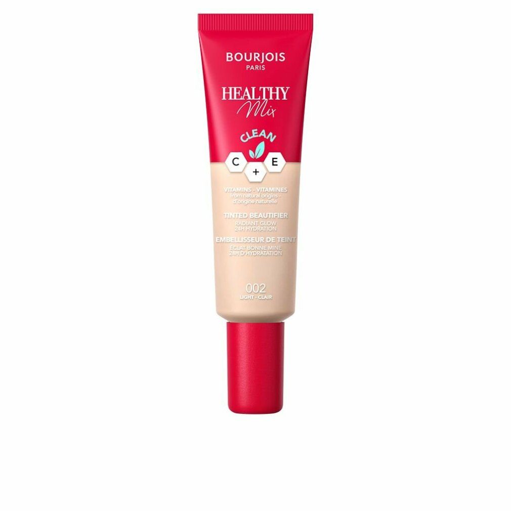 Bourjois Healthy Mix Beautifier. Tube mit rotem Deckel. Farbton 002. Text: Clean, C+E Vitamine.