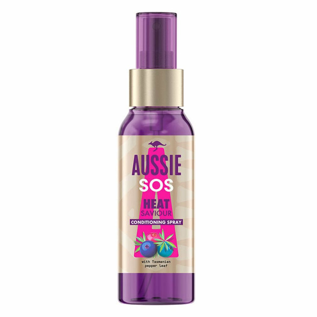 Lila Sprühflasche mit goldfarbenem Hals und Pumpspender. Etikett mit 'Aussie SOS Heat Saviour Conditioning Spray'.