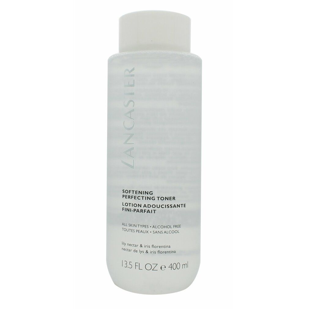 Zylindrische Flasche mit weißem Deckel. Aufschrift: Lancaster, Softening Perfecting Toner, 13.5 FL OZ, 400 ml.