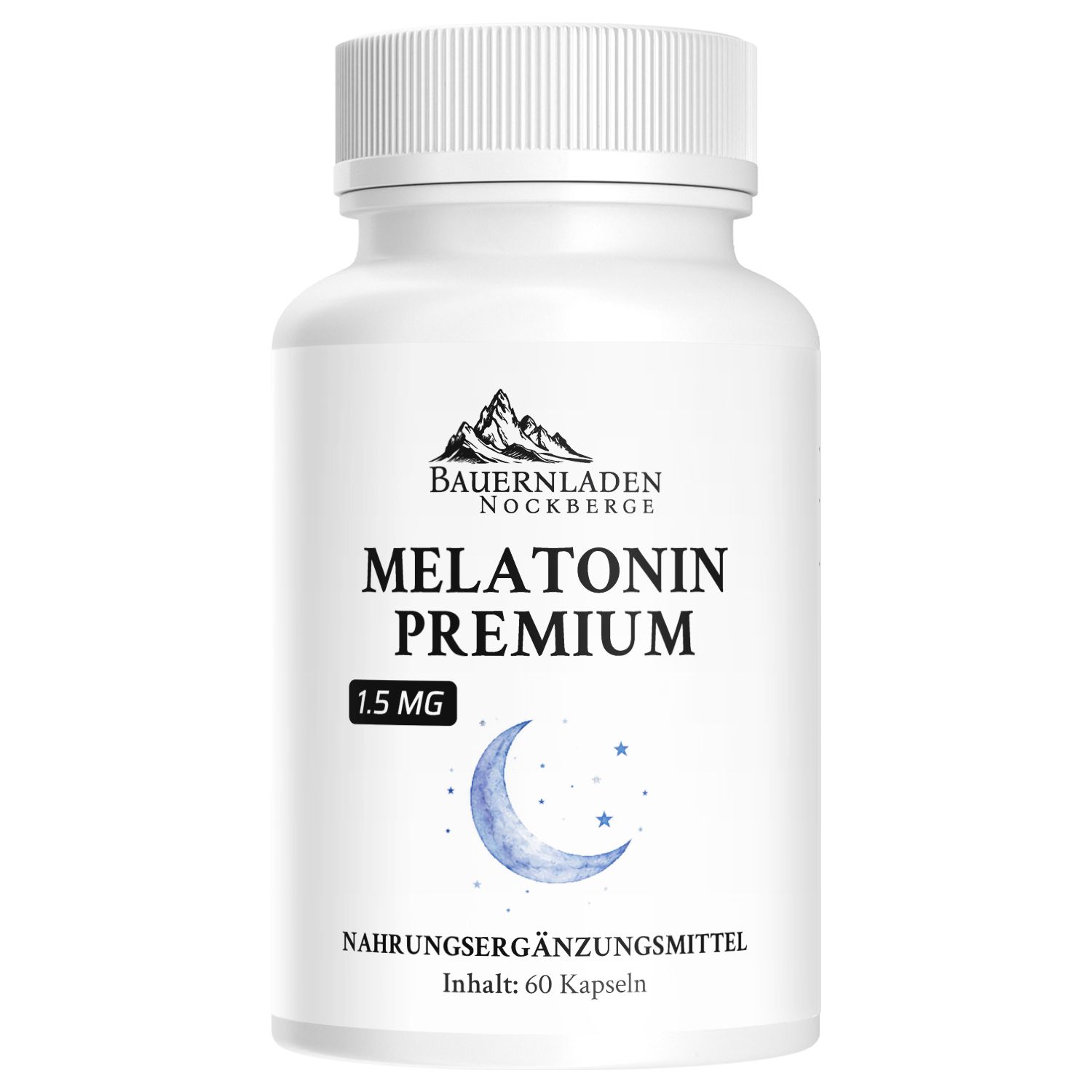 Weiße Kapsel mit Etikett: Bauernladen Nockberge Melatonin Premium, 1.5 mg. Zeigt eine Mondsichel mit Sternen.