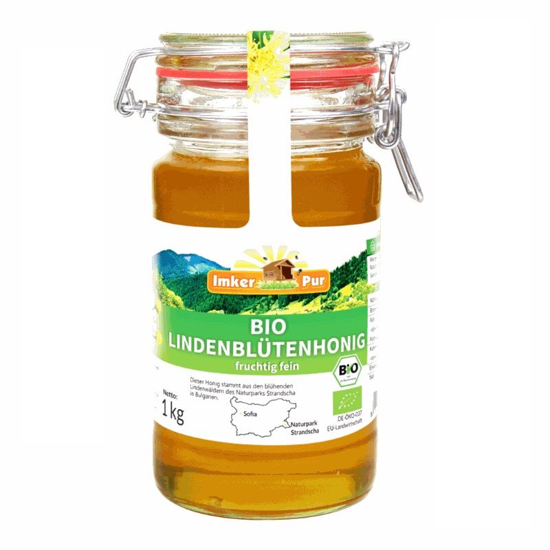 Glas mit Honig. Etikett mit "ImkerPur Bio Lindenblütenhonig". 1 kg. Bio-Siegel. Schraubverschluss.