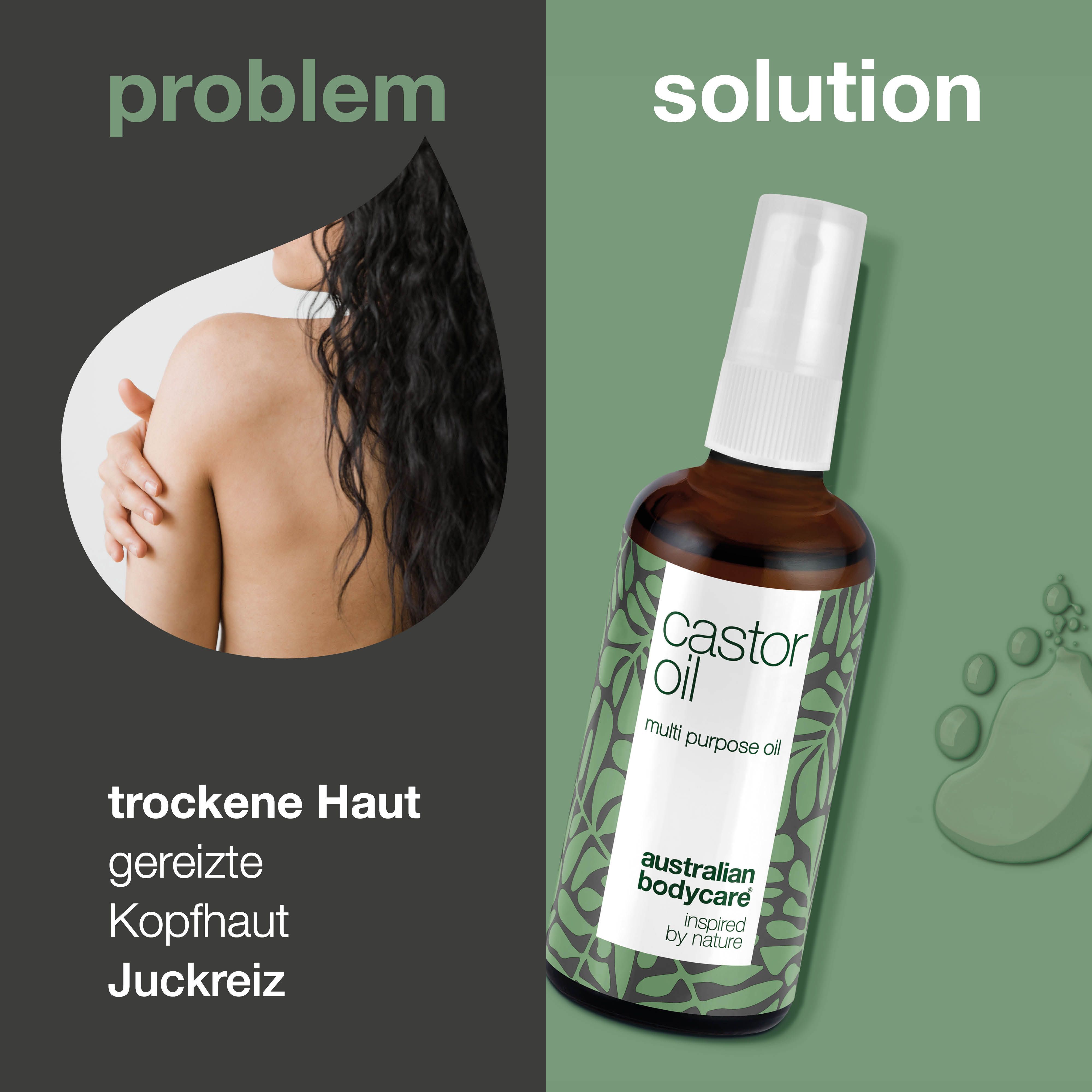 Produktflasche neben Text: trockene Haut, gereizte Kopfhaut, Juckreiz. Lösung: Produktflasche.