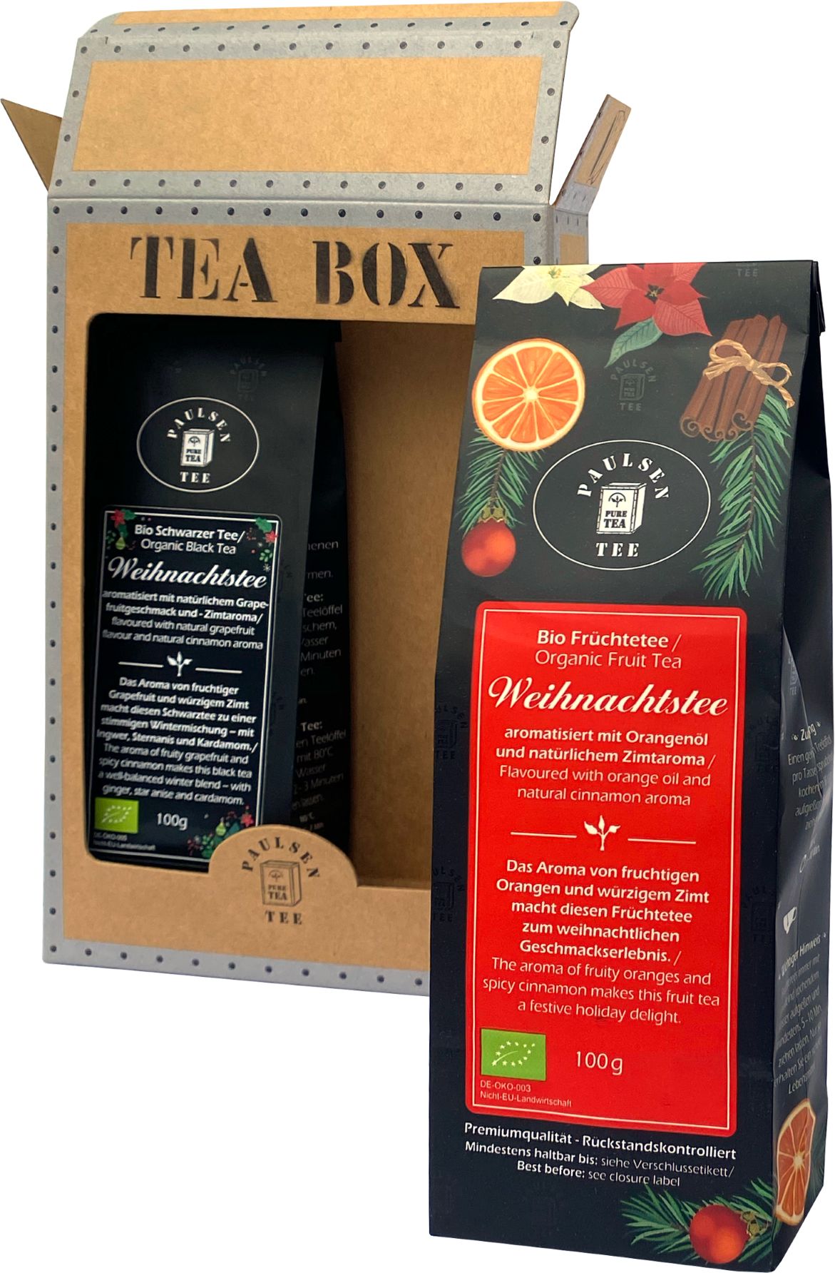 Schwarzer Tee und Früchtetee in einer Geschenkbox. Aufdrucke: Paulsen Tee, Bio Weihnachtstee, 100g, EU-Bio-Logo. Box geöffnet.
