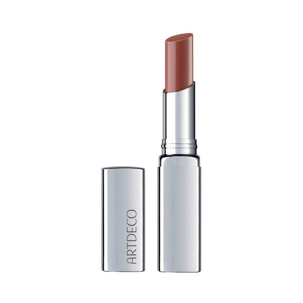 Artdeco Color Booster Lip Balm, silberner Behälter mit geöffnetem Deckel, rosafarbener Stift.