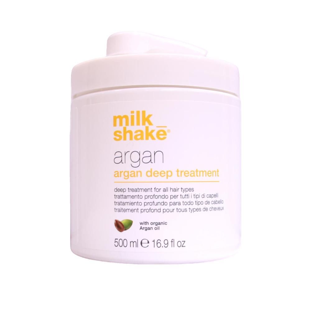 Weißer Tiegel mit gelbem Schriftzug milk_shake, Argan Deep Treatment. 500ml. Mit Bio-Arganöl.