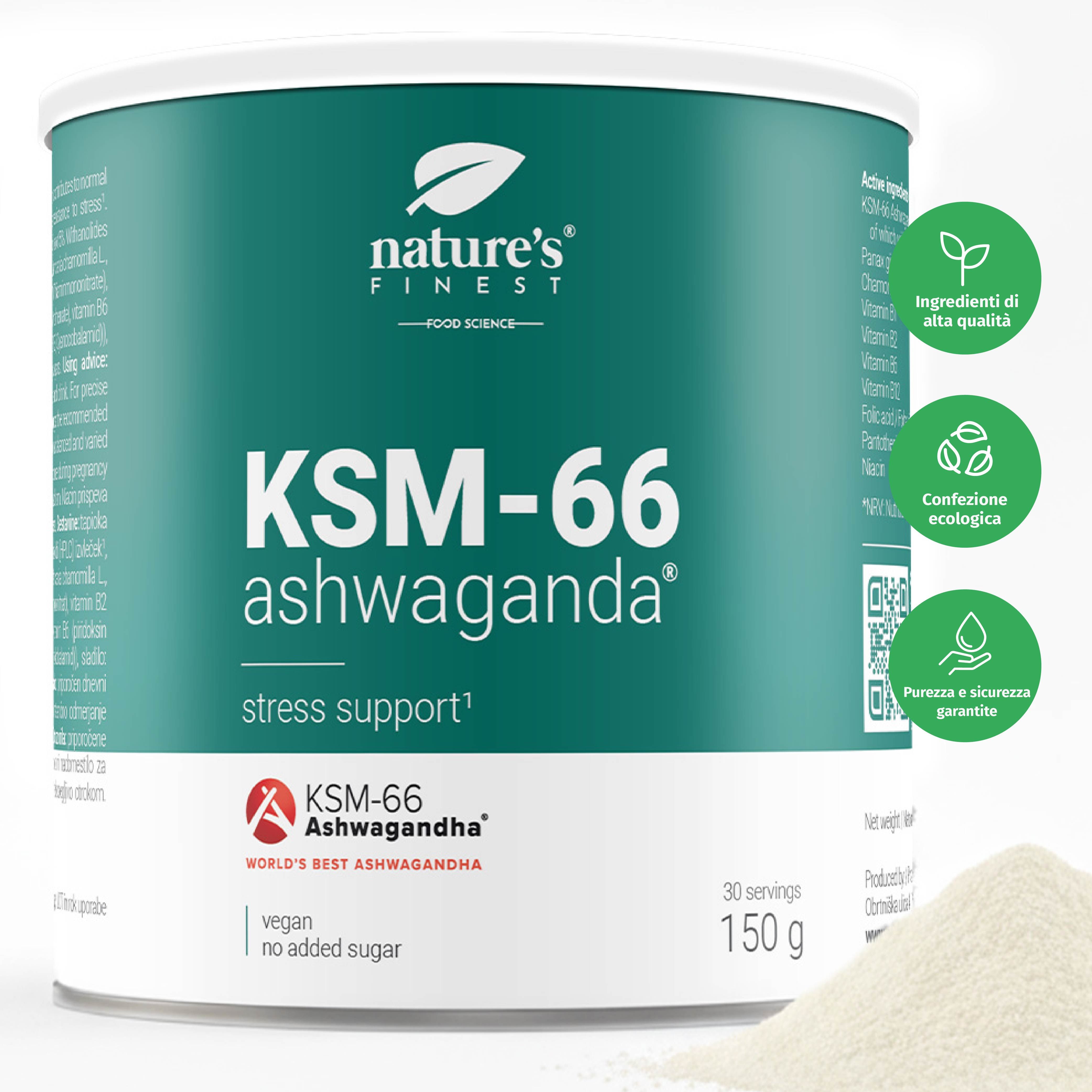 KSM-66 Ashwagandha Dose mit Siegeln für hohe Qualität, Öko-Konformität und Reinheit. Pulver daneben.