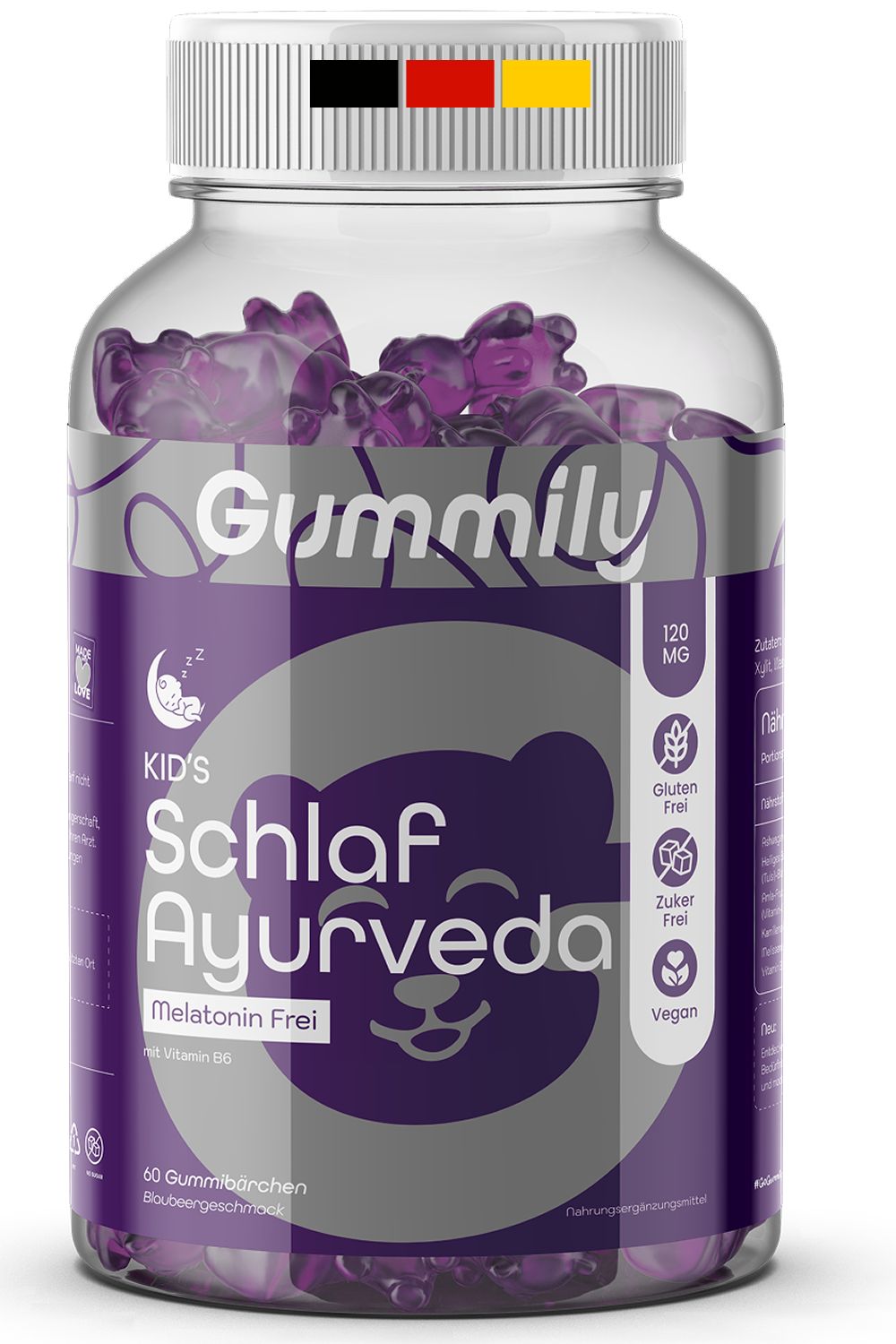 Klare Glasflasche mit lila Gummibärchen. Aufschrift: Gummily, Schlaf Ayurveda, Melatonin Frei. Glutenfrei, zuckerfrei, vegan.