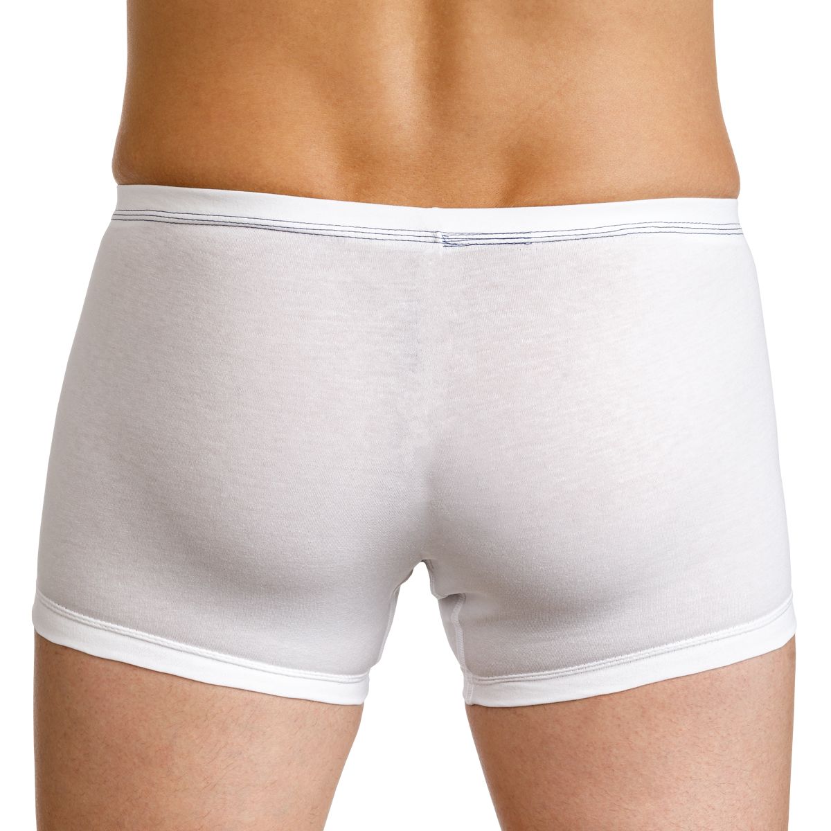 Weiße Inkontinenz-Shorts für Herren, Rückansicht. Elastischer Bund mit blauen Streifen. Kurze Beine.