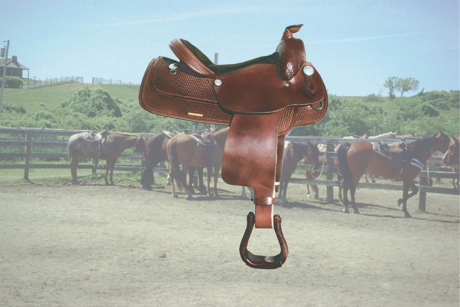 Brauner Westernsattel, Ansicht von vorne. Im Hintergrund Pferde auf einer Koppel. Der Sattel hat silberne Beschläge.