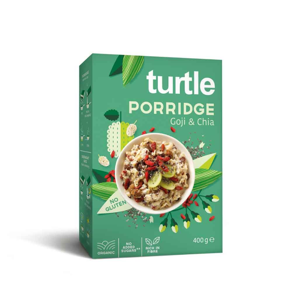 Grüne Verpackung mit "turtle Porridge Goji & Chia". Abbildung einer Porridge-Schüssel. Aufschrift: "No Gluten", "Organic", "400g e".
