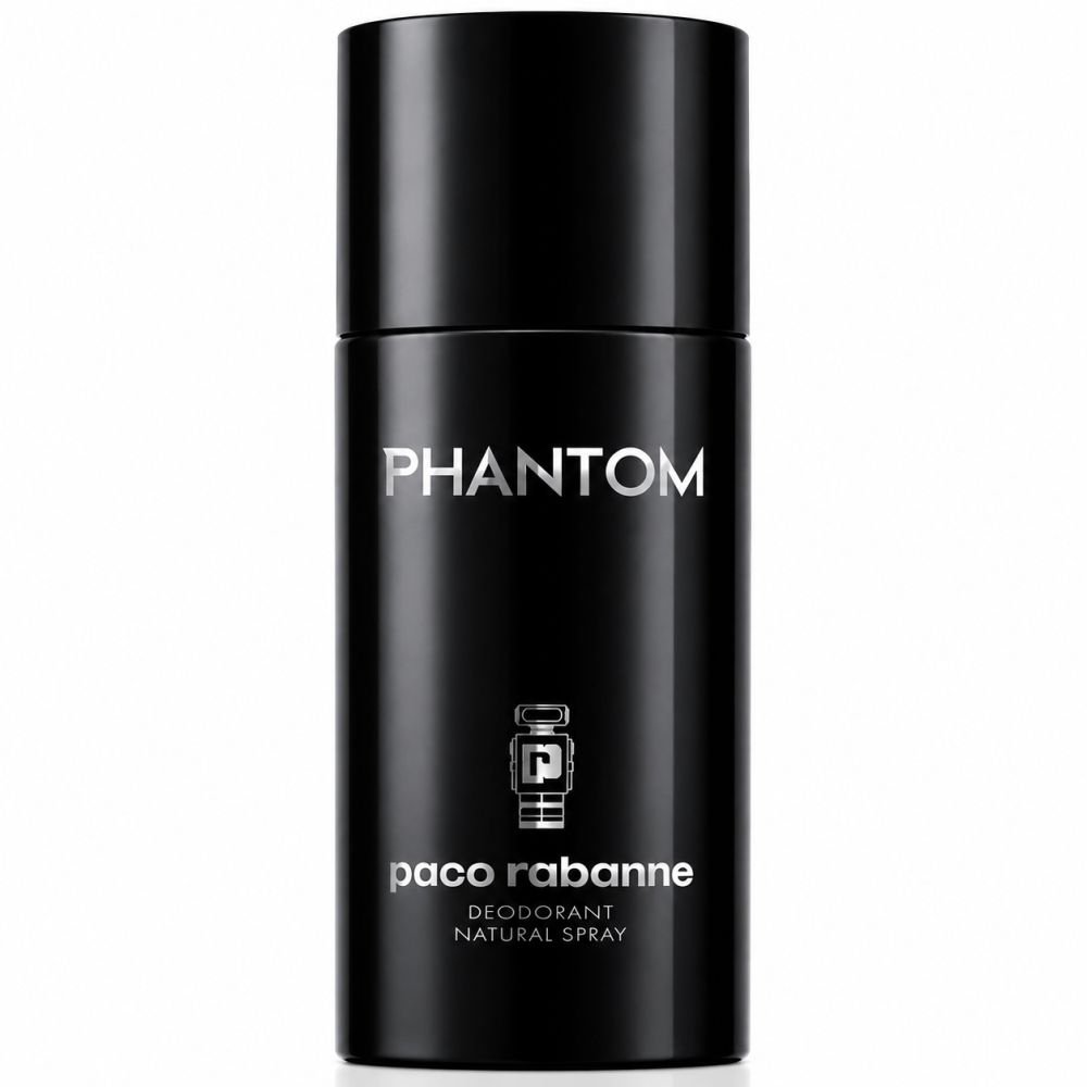 Paco Rabanne Phantom Deodorant Spray: schwarze Dose mit silbernem Schriftzug.