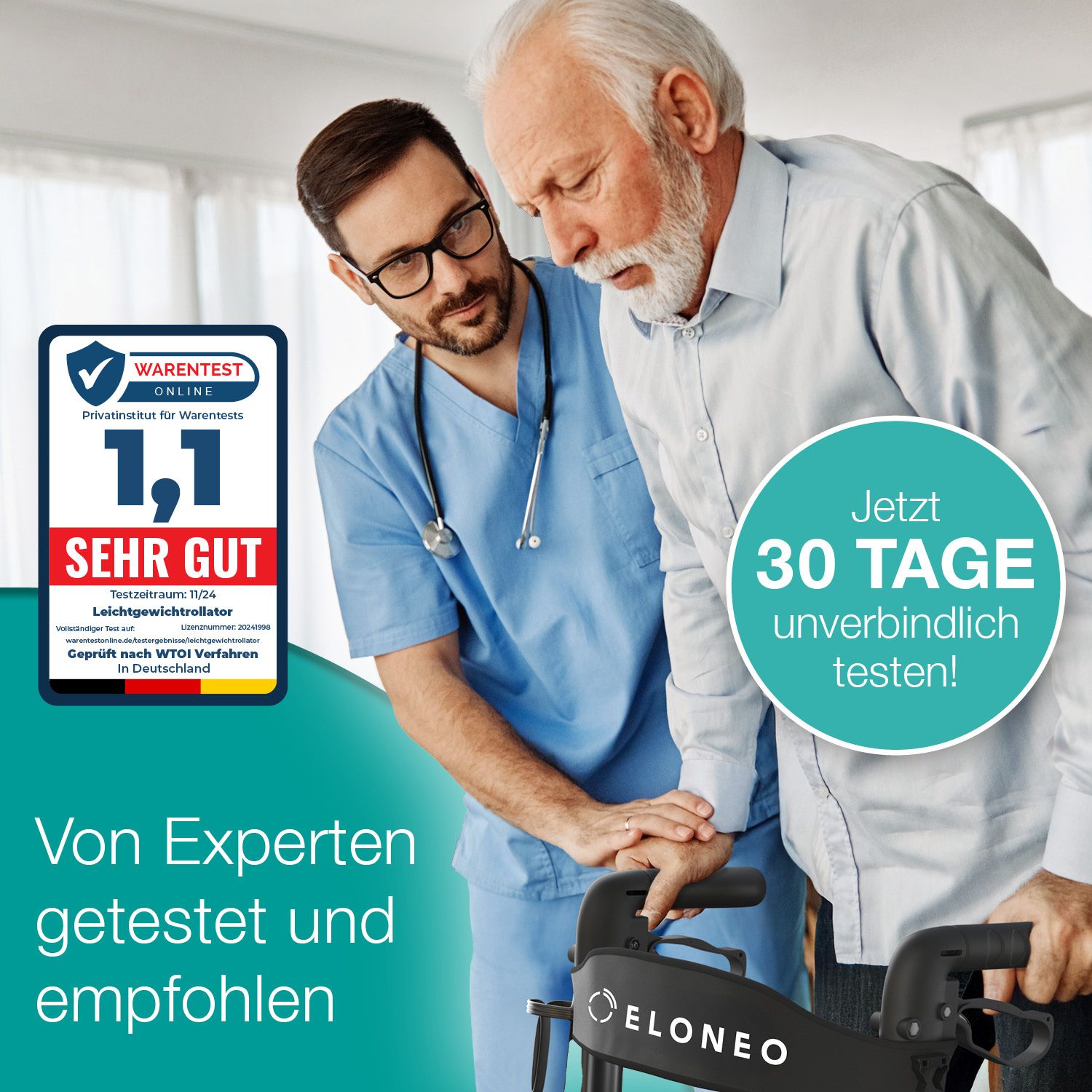 Rollator mit ELONEO-Logo, getestet und empfohlen von Experten. Zertifizierung. 30 Tage testen.
