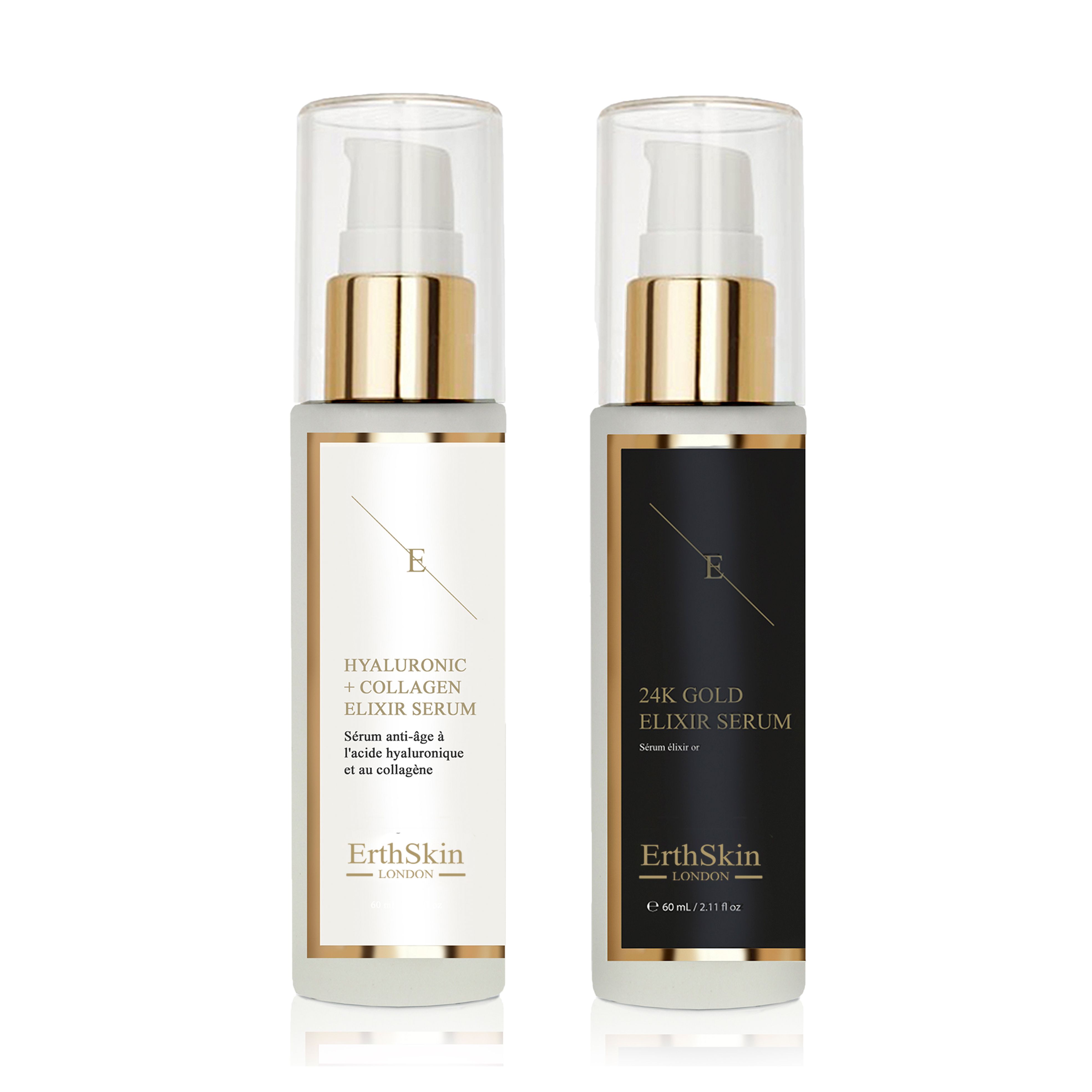 Zwei Flaschen ErthSkin London Elixier-Serum. Eine weiße Flasche mit Text, eine schwarze Flasche mit Text. Beide haben goldene Akzente und Pumpaufsätze.