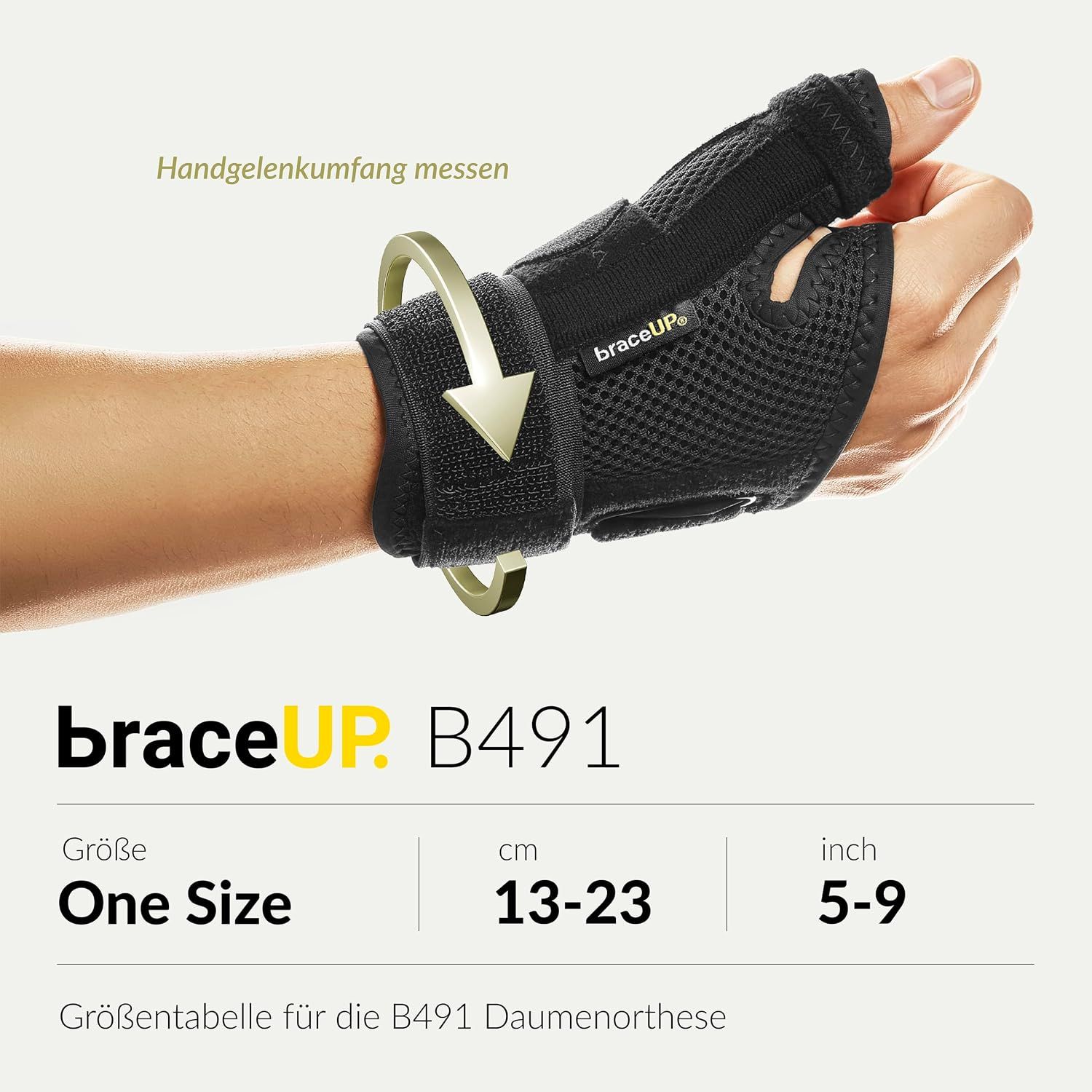 Daumenorthese B491 mit Größenangabe: One Size, 13-23 cm (5-9 inch).