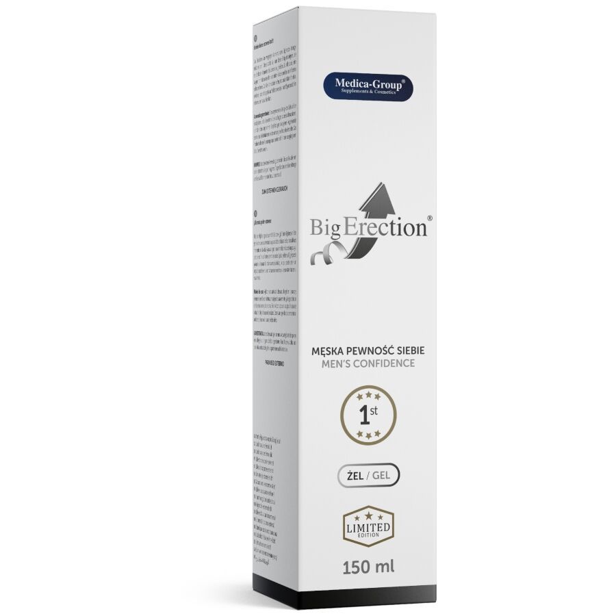 Weiße Verpackung mit Produktnamen und Logo. Text: Männliches Selbstvertrauen. 1st, Gel. Limited Edition. 150ml.