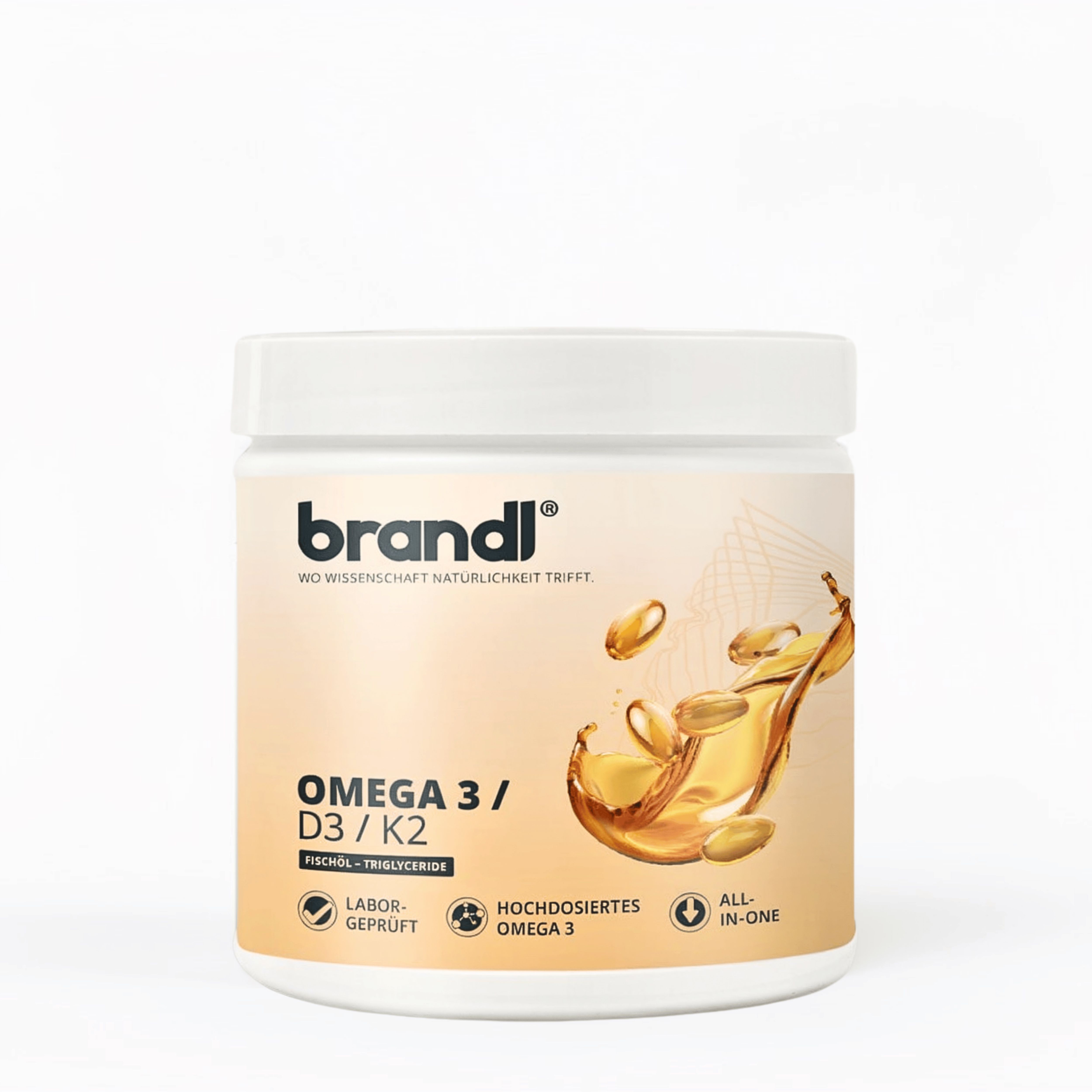 Weißer Behälter mit "brandl" und "OMEGA 3 / D3 / K2". Text: "WO WISSENSCHAFT NATÜRLICHKEIT TRIFFT".