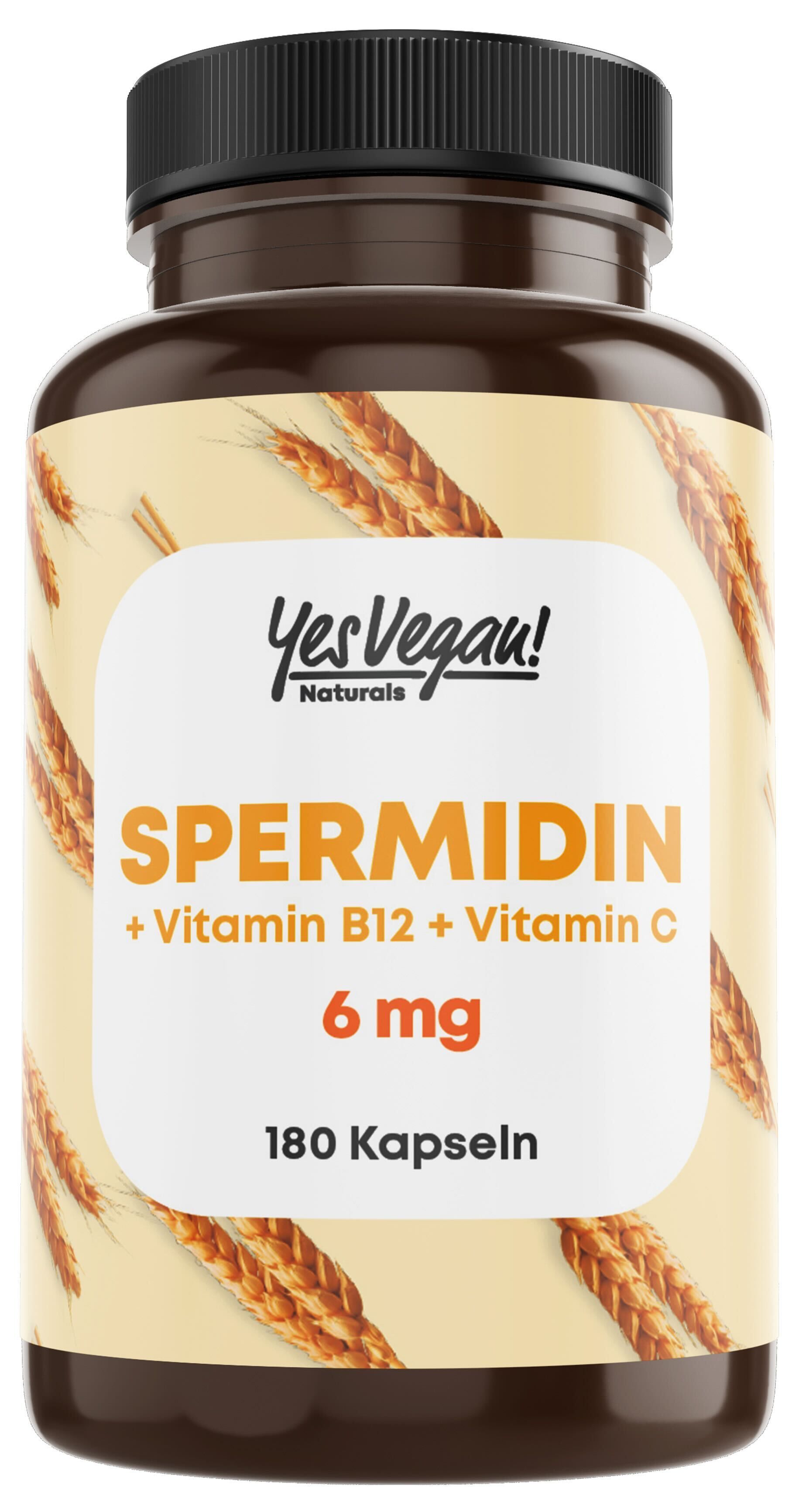 Braune Flasche mit Kapseln. Aufschrift: Spermidin + Vitamin B12 + Vitamin C, 6 mg, 180 Kapseln.