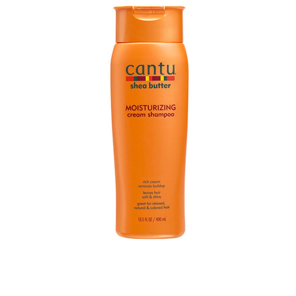 Orangefarbene Shampoo-Flasche mit Cantu-Logo und Text. Enthält Shea Butter. Produktname: Moisturizing Cream Shampoo.