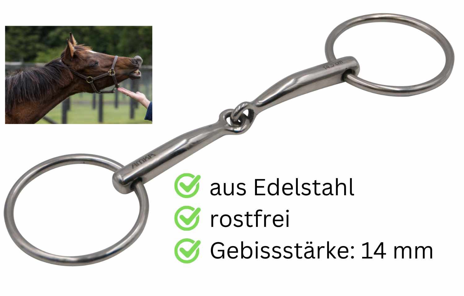 Metall-Gebiss mit zwei Ringen. Text: aus Edelstahl, rostfrei, Gebissstärke: 14 mm. Kleines Bild: Pferd mit Gebiss.
